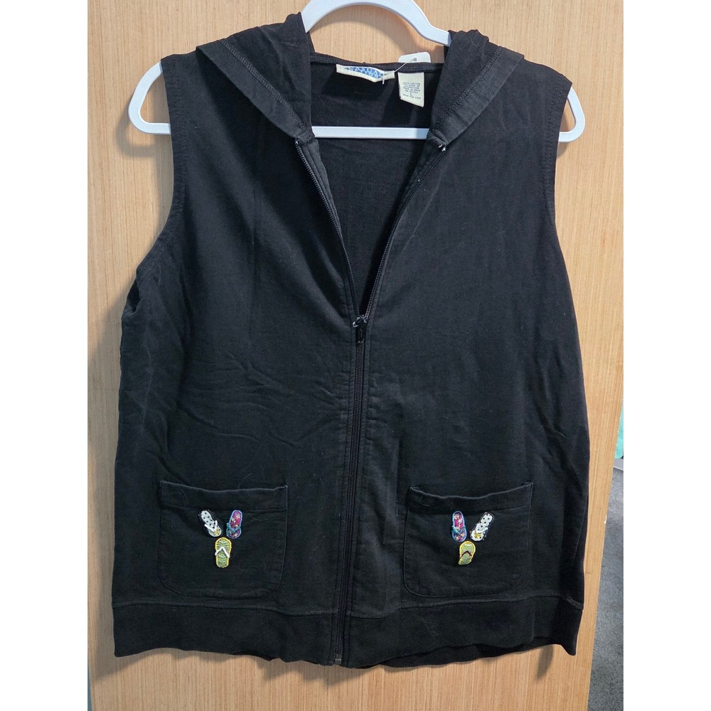 Casual Options‎ Sz L  Womens Black Sleeveless Hoodie Beach Cover Up Flip Flop